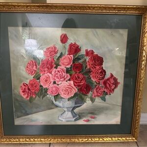 Framed Floral Painting with Pink and Red Roses